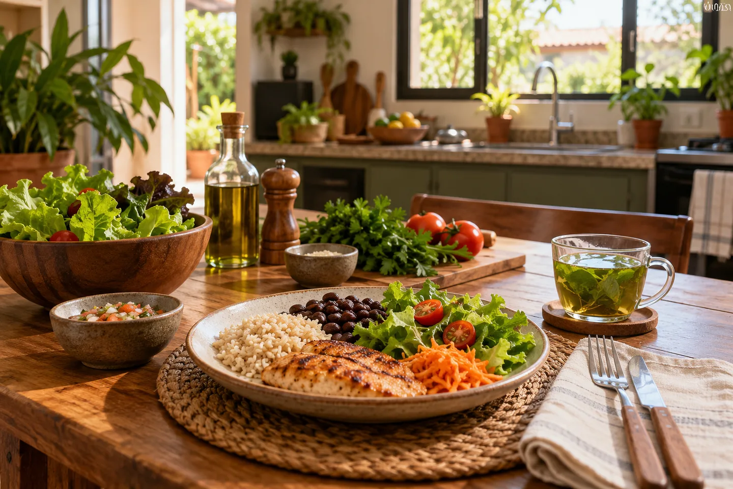 Mesa com refeição equilibrada, vegetais e infusão em uma cozinha brasileira pela manhã