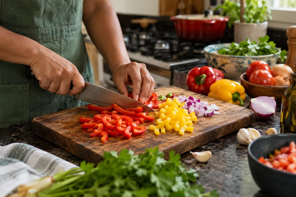 Mãos cortando legumes em tábua de madeira