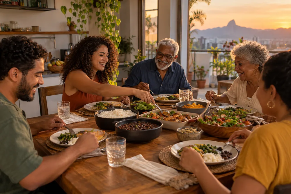 Família compartilhando refeições caseiras em uma mesa ao final da tarde