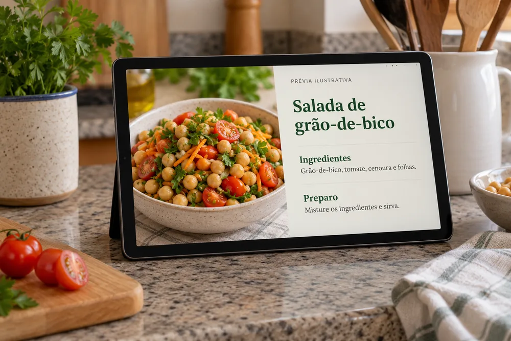 Tablet exibindo uma prévia ilustrativa de receita